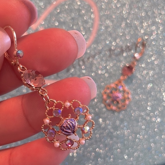 Betsy Johnson Purple Flower Crystal Drop Earrings - Picture 9 of 14